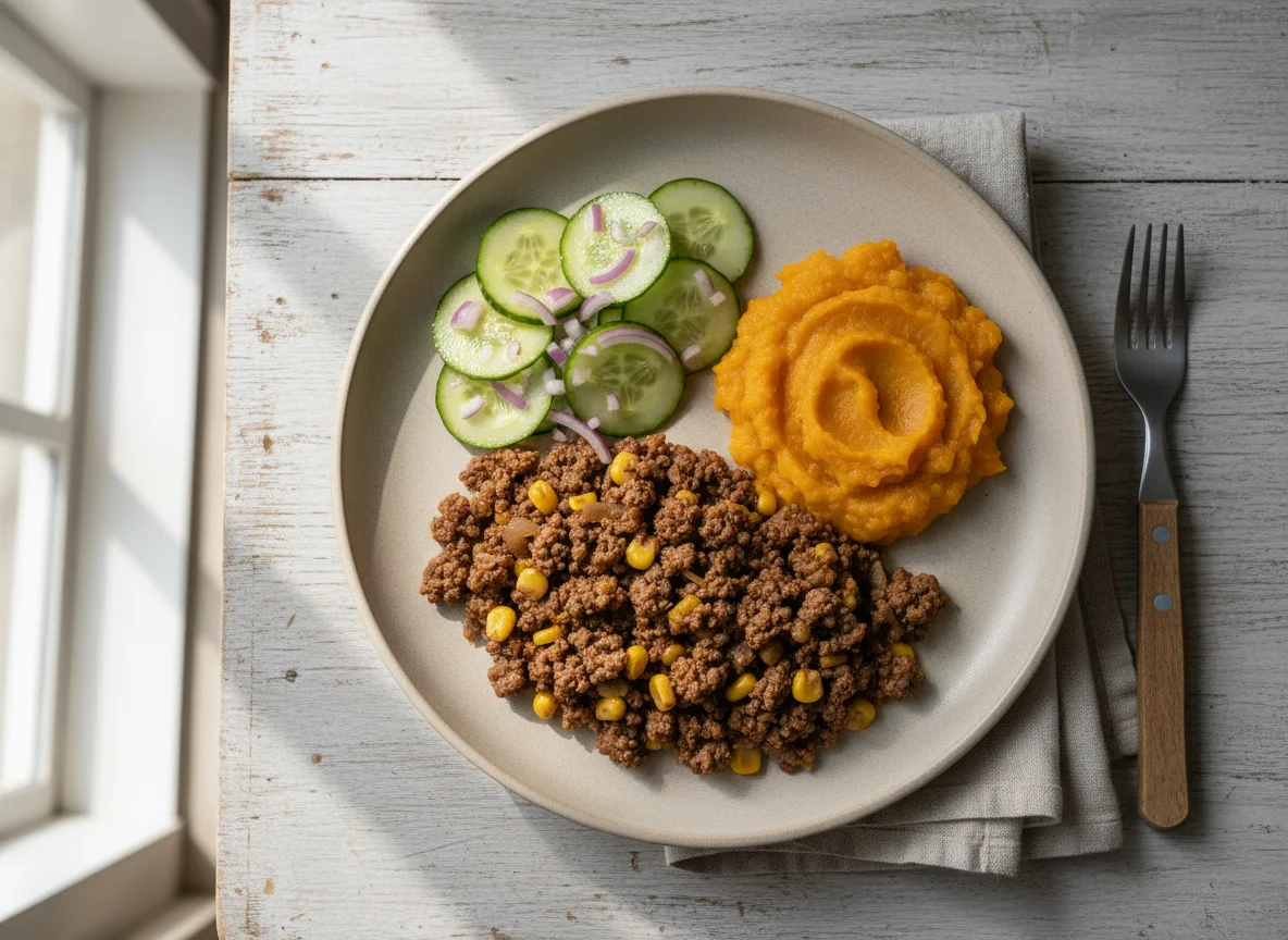 Prato com carne moída, purê de abóbora e salada de pepino photo