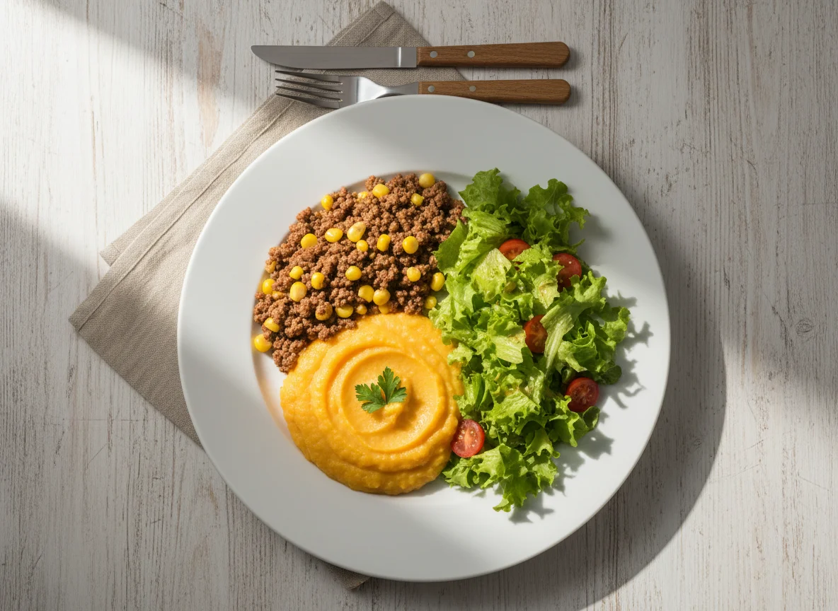 Prato com carne moída, purê de abóbora e salada photo