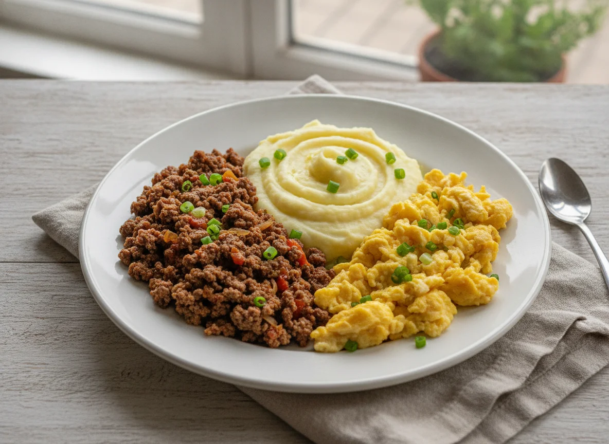 Prato com carne moída, purê de batata e ovos mexidos photo