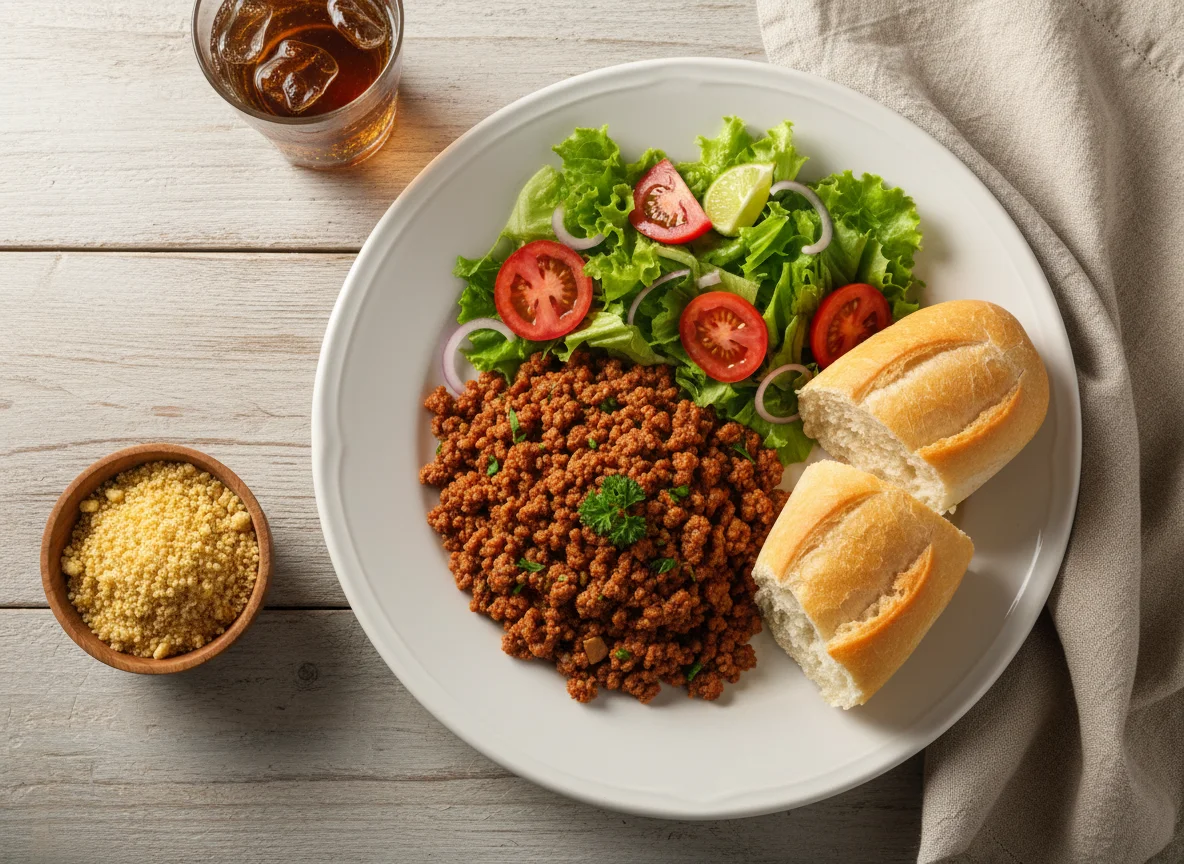Prato com carne moída, salada e pão photo