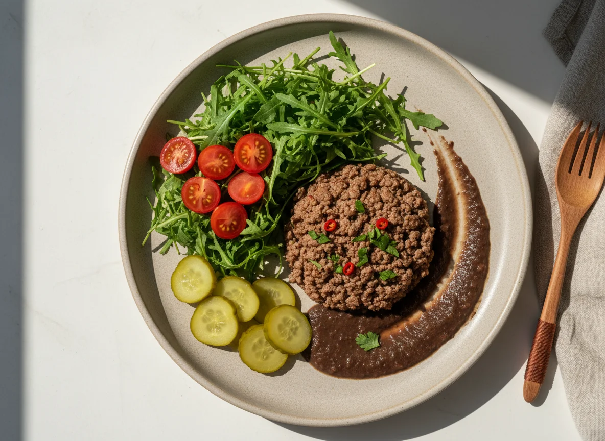 Prato com carne moída, salada e picles photo