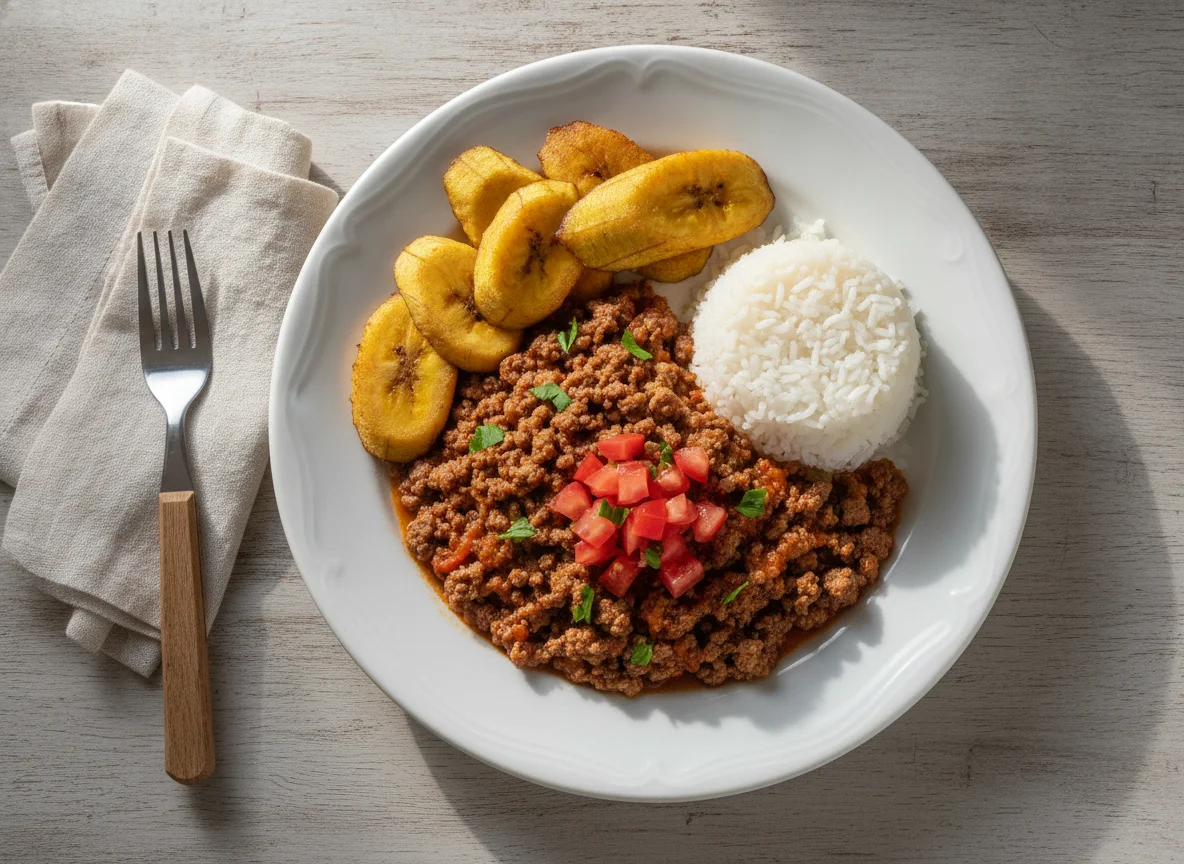 Prato com carne moída, tomate e banana photo