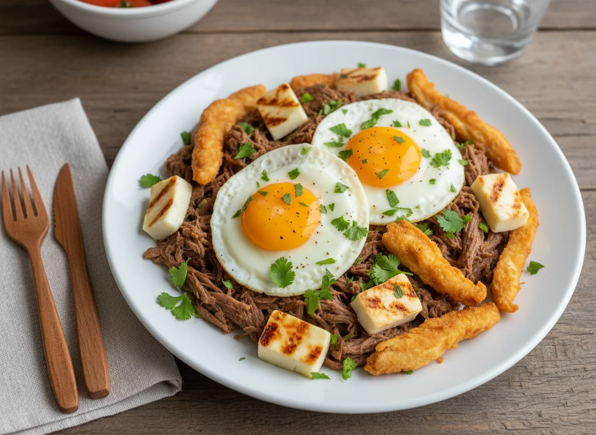 Prato com carne, ovos, queijo e frango desfiado photo