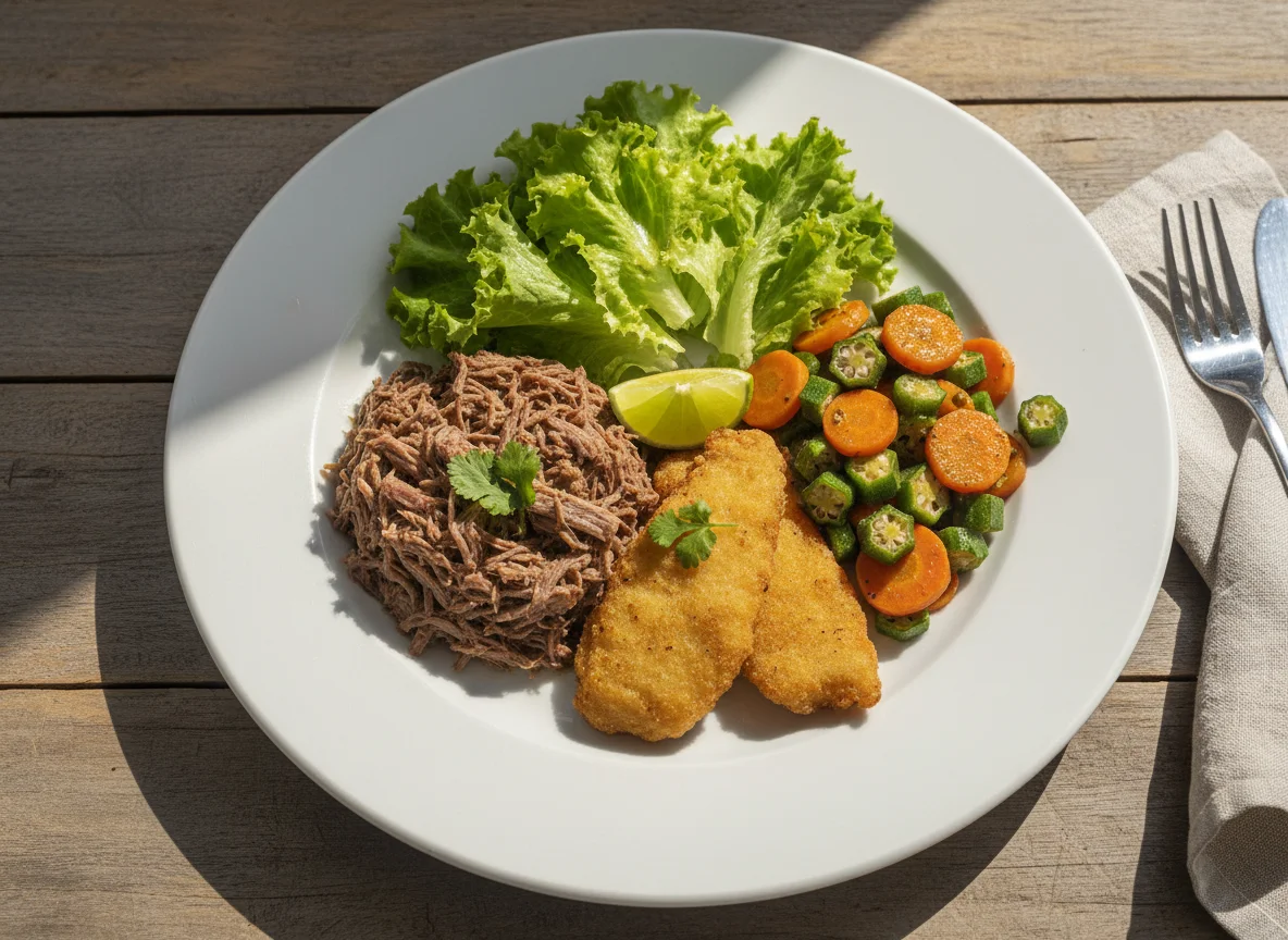 Prato com carne, peixe, salada e refogado de quiabo e cenoura photo