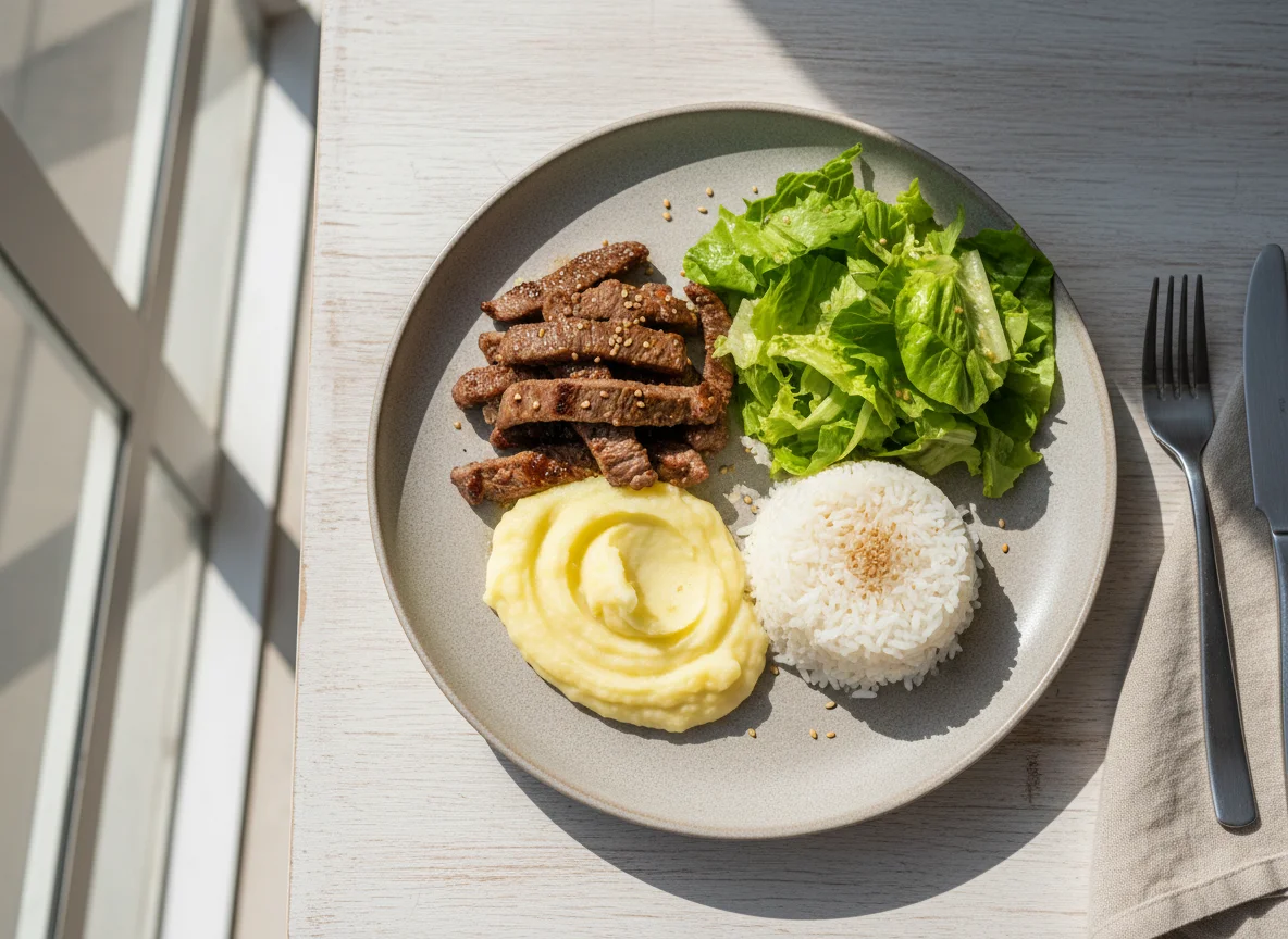 Prato com carne, purê, arroz e salada photo