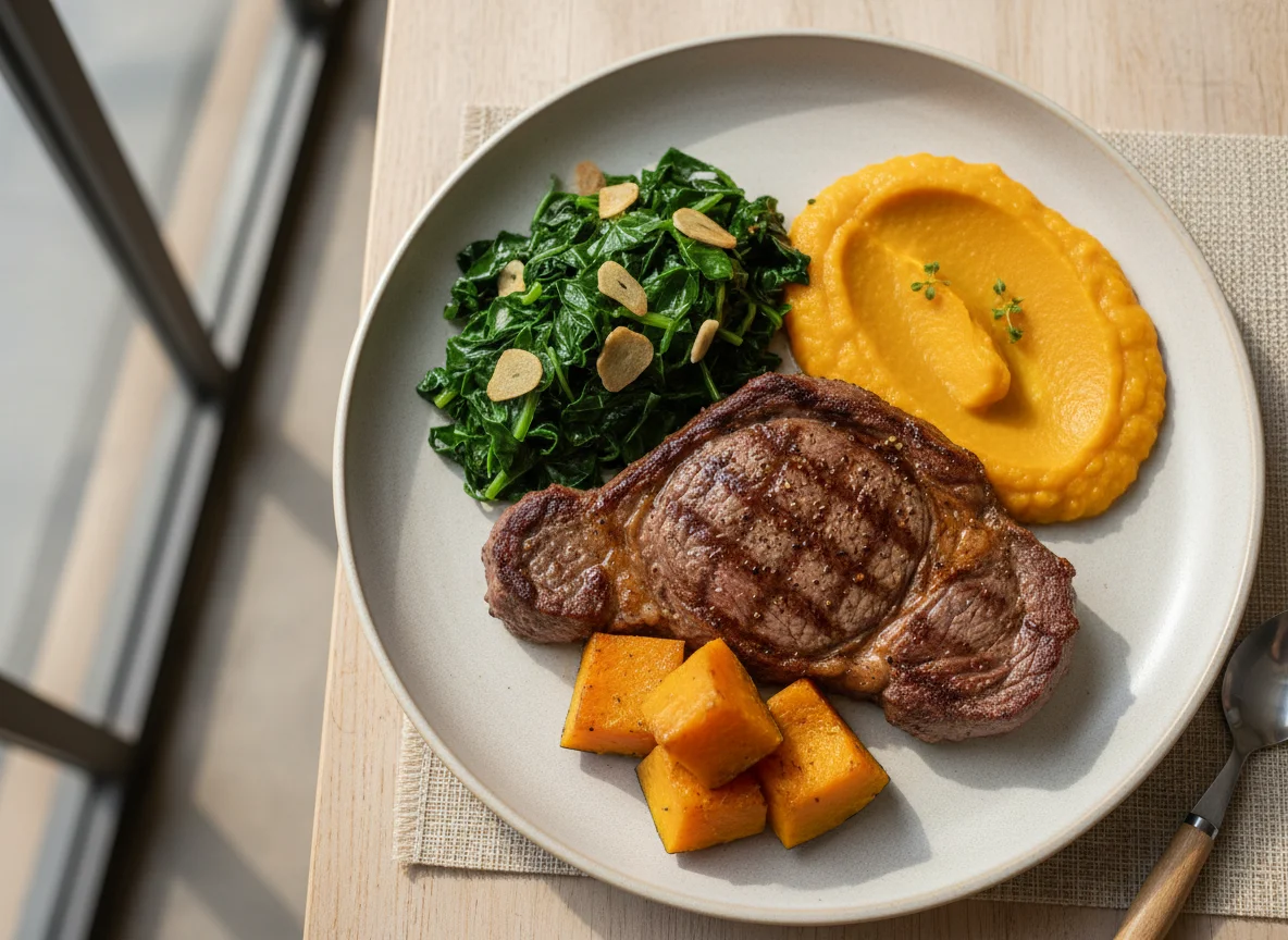 Prato com carne, purê de abóbora, couve refogada e abóbora cozida photo