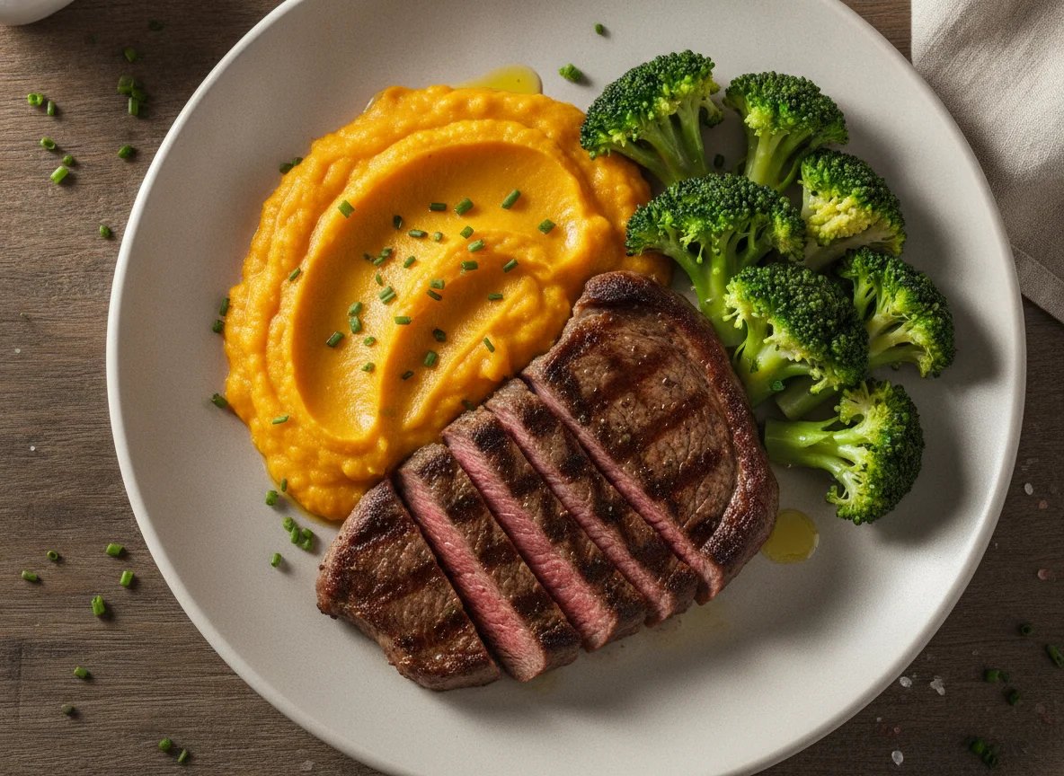 Prato com carne, purê de abóbora e brócolis photo