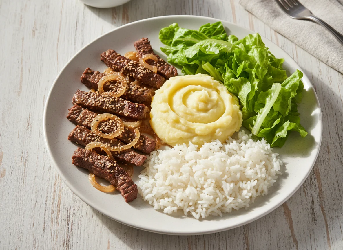 Prato com carne, purê de batata, arroz e alface photo