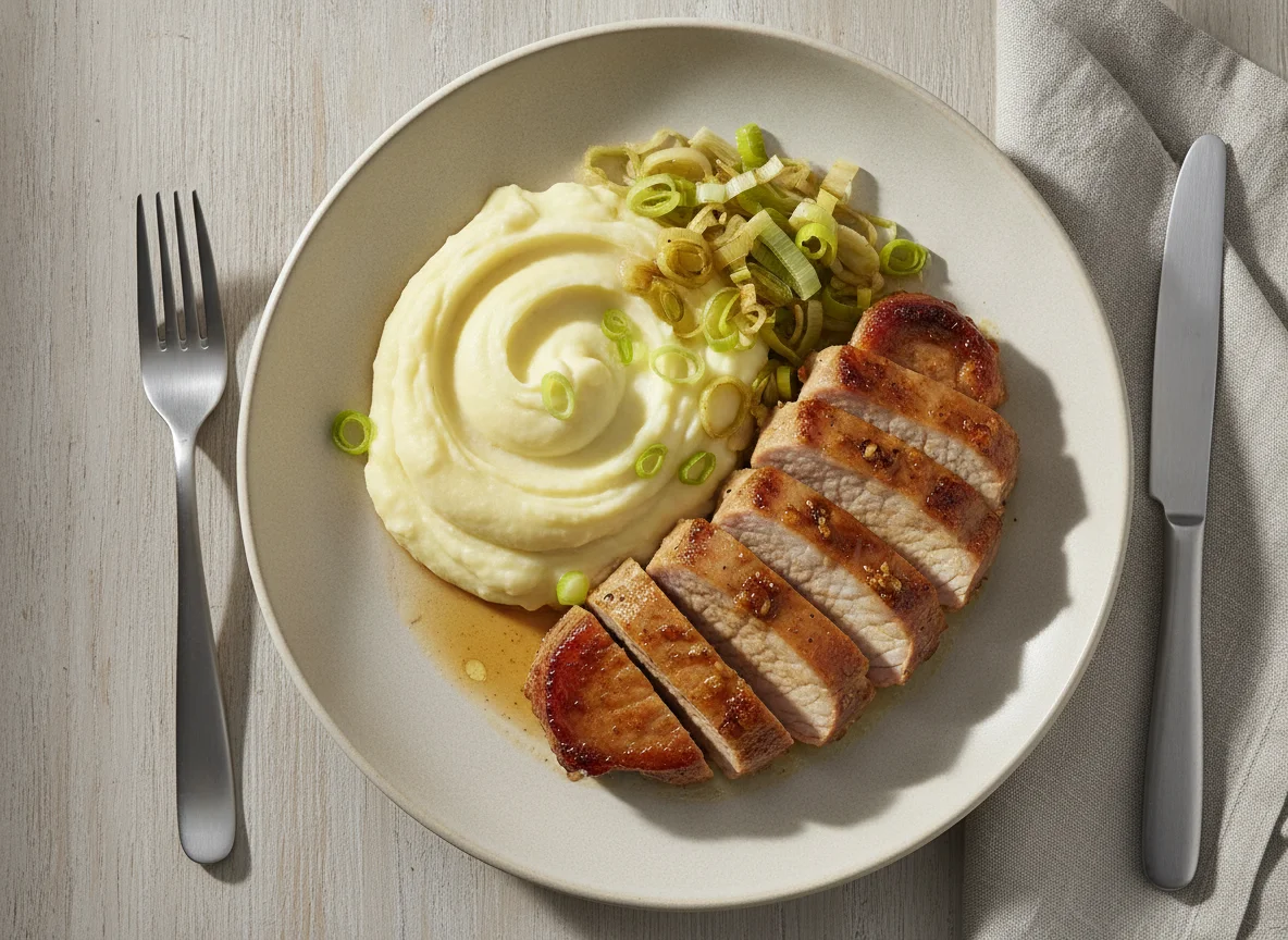 Prato com carne, purê de batata e alho-poró photo