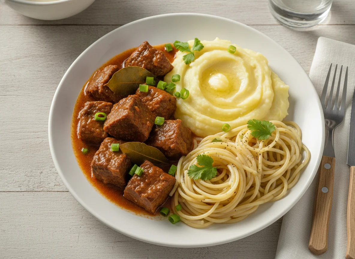 Prato com carne, purê de batata e macarrão photo