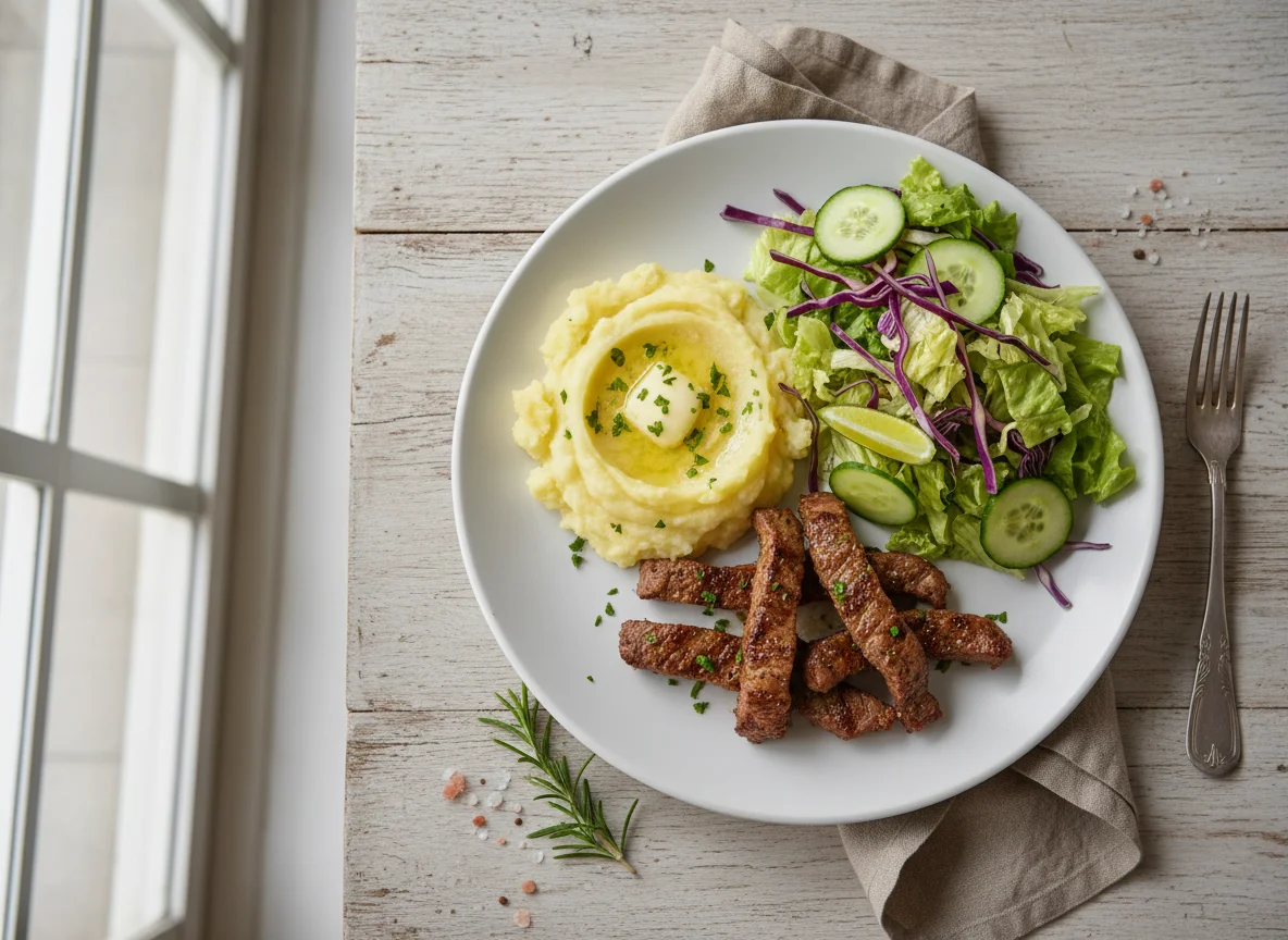 Prato com carne, purê de batata e salada photo