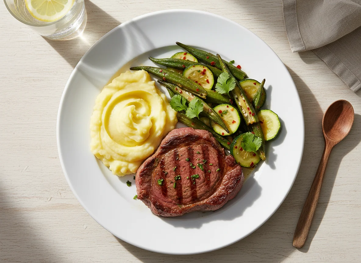 Prato com carne, purê e quiabo com abobrinha photo