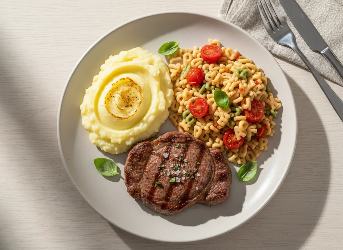 Prato com carne, purê, macarrão e tomate photo