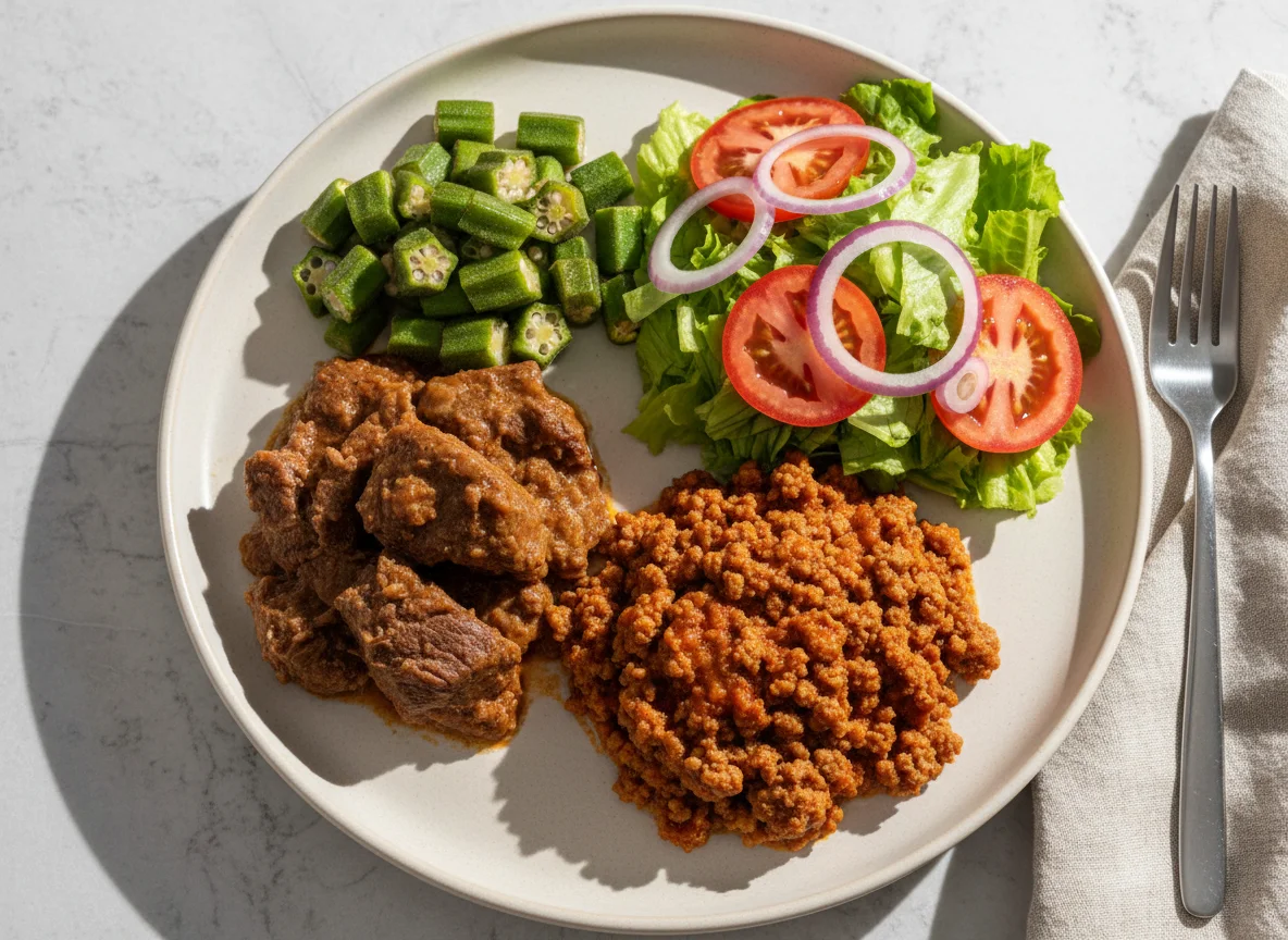Prato com carne, quiabo e salada photo
