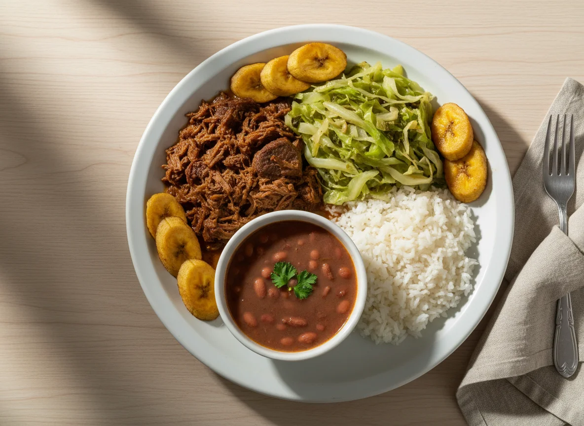 Prato com carne, repolho, arroz e feijão photo