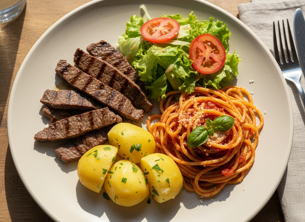 Prato com carne, salada, batata e macarrão photo