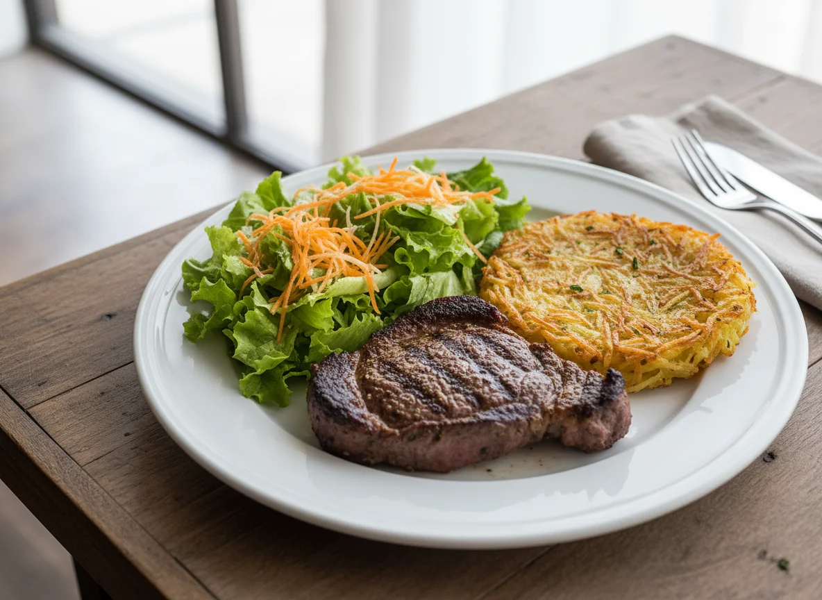 Prato com carne, salada e batata rosti photo