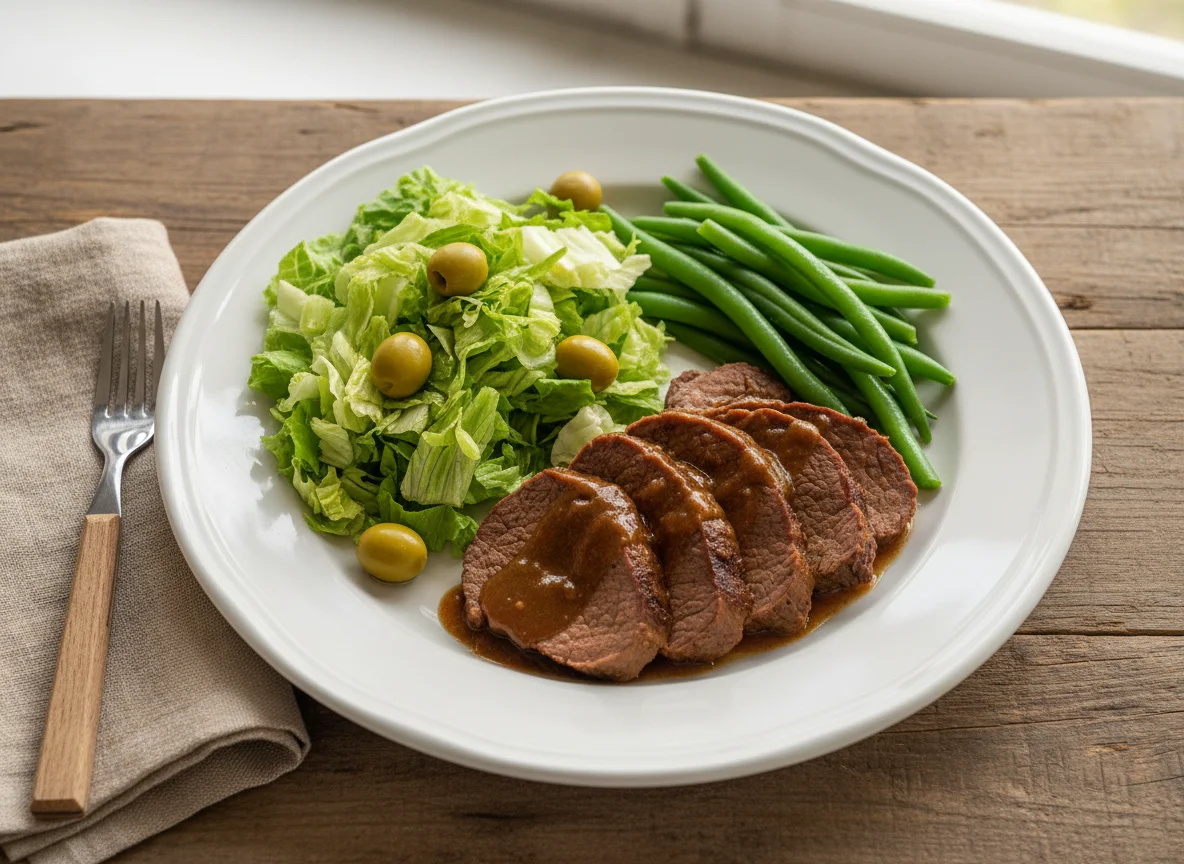 Prato com carne, salada e vagem photo