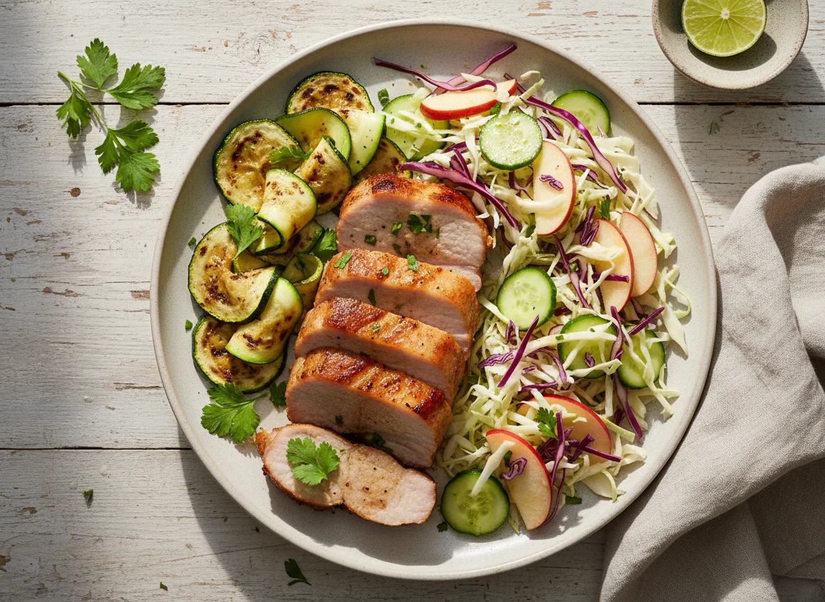 Prato com carne suína, abobrinha e salada photo