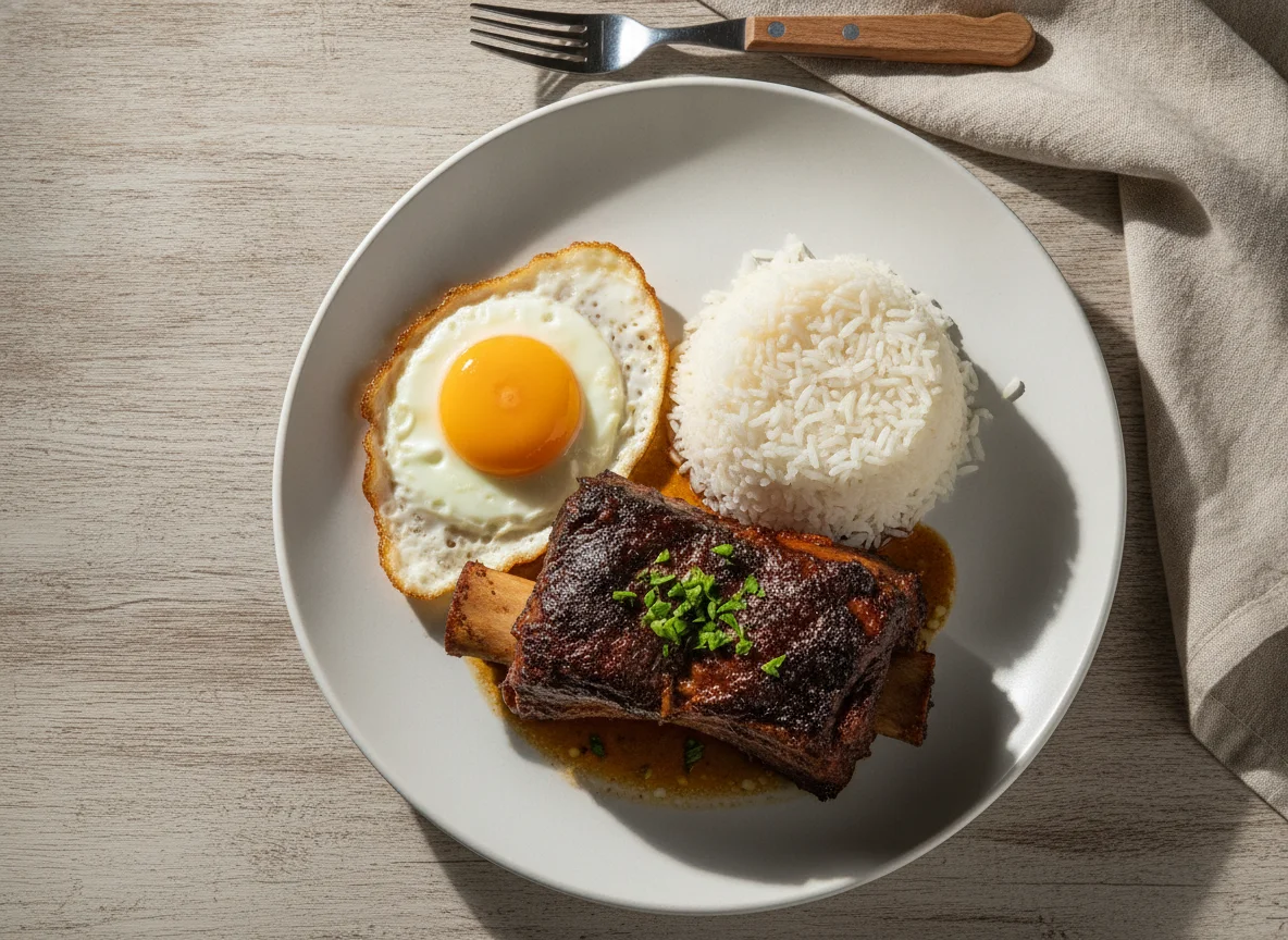 Prato com costela, arroz e ovo frito photo
