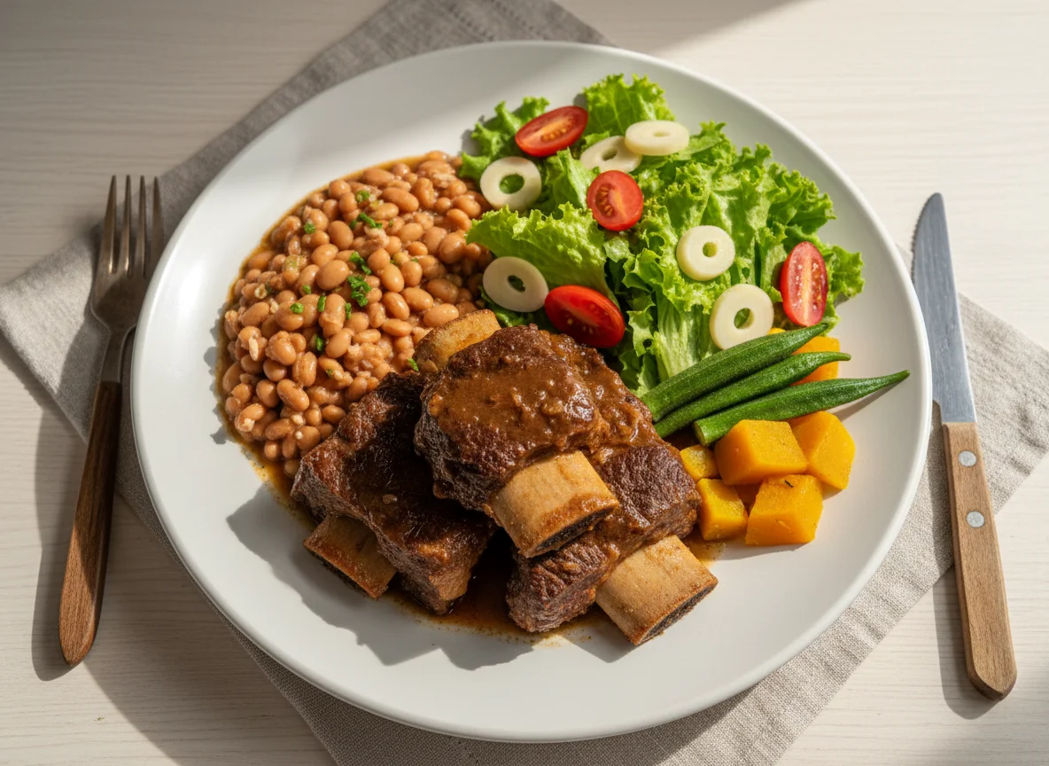 Prato com costela, feijão e salada photo