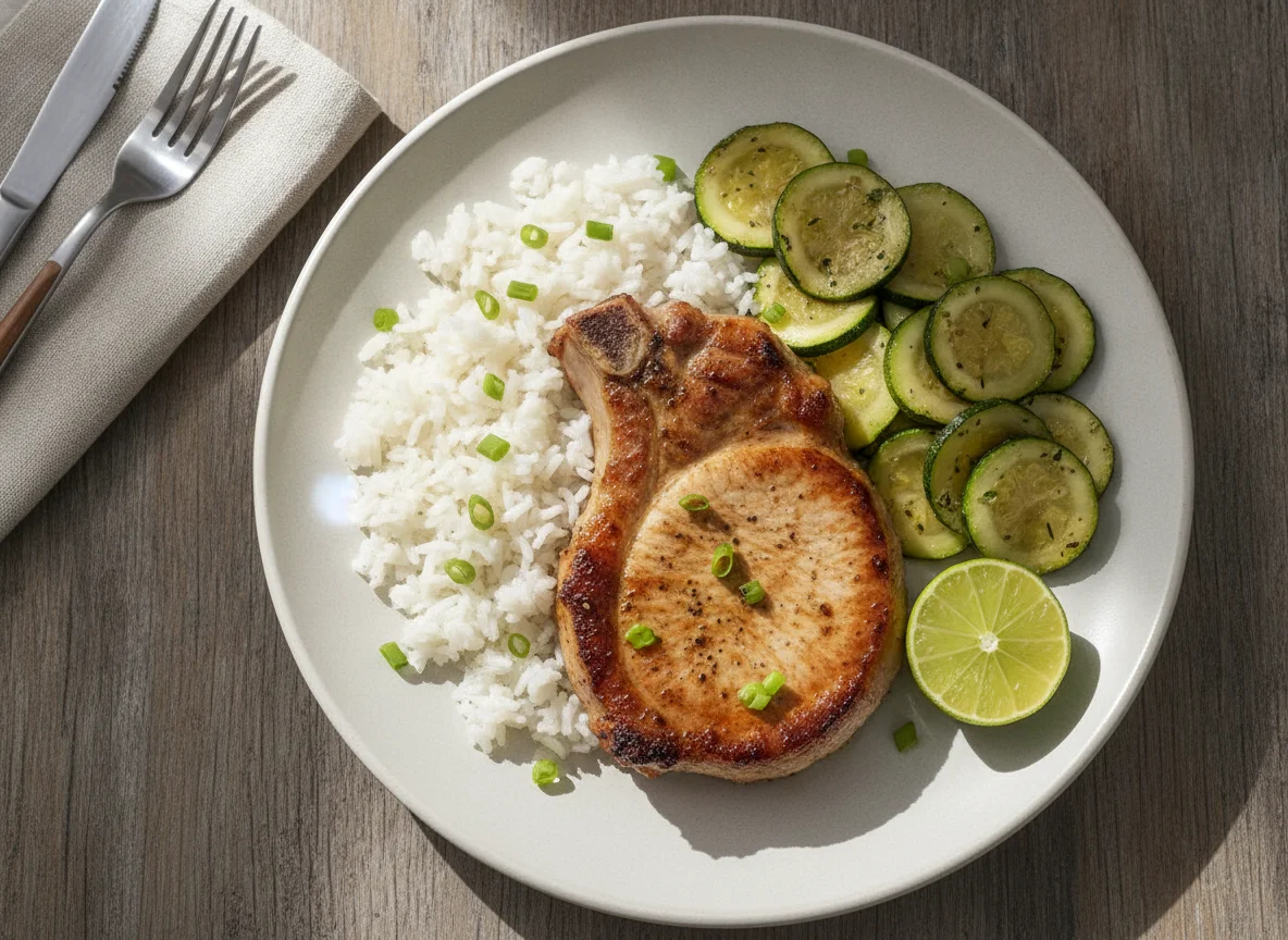 Prato com costeleta de porco, arroz e abobrinha refogada photo