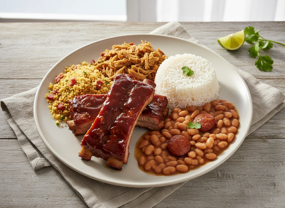Prato com Costelinha, Carne de Porco Desfiada, Arroz, Feijão e Farofa photo