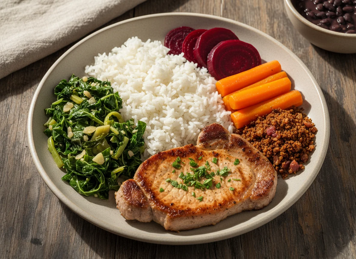 Prato com couve, beterraba, cenoura, arroz e bife suíno photo