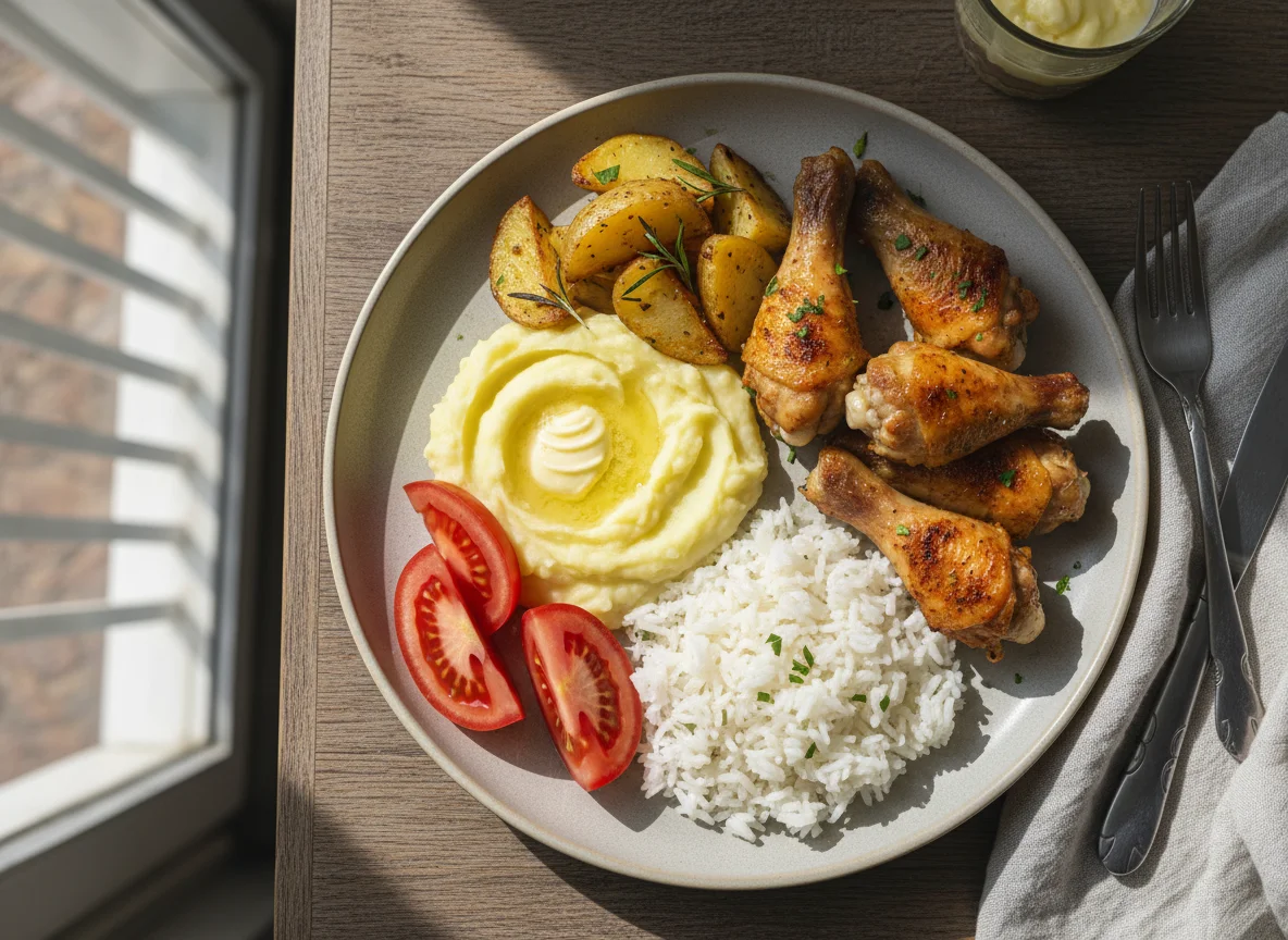 Prato com coxinha da asa assada, purê, batatas, arroz e tomate photo