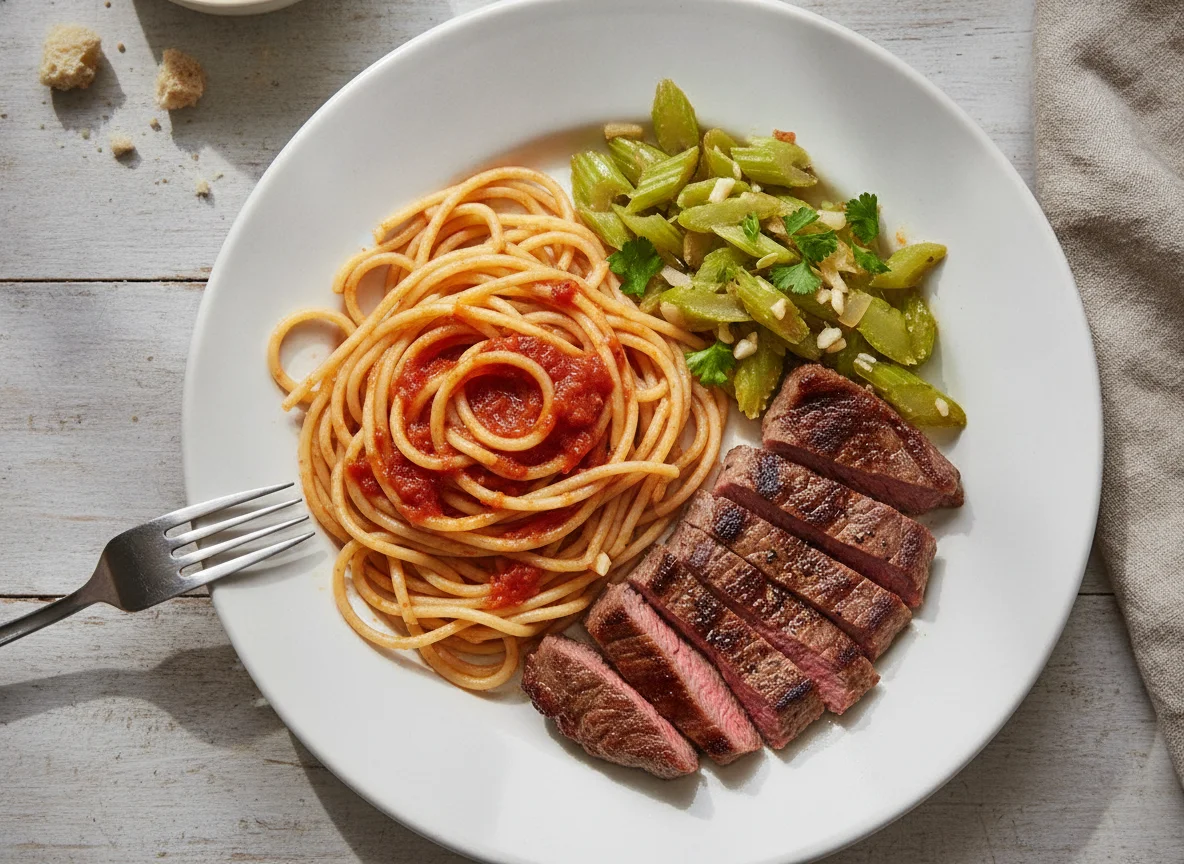 Prato com espaguete, carne e aipo refogado photo