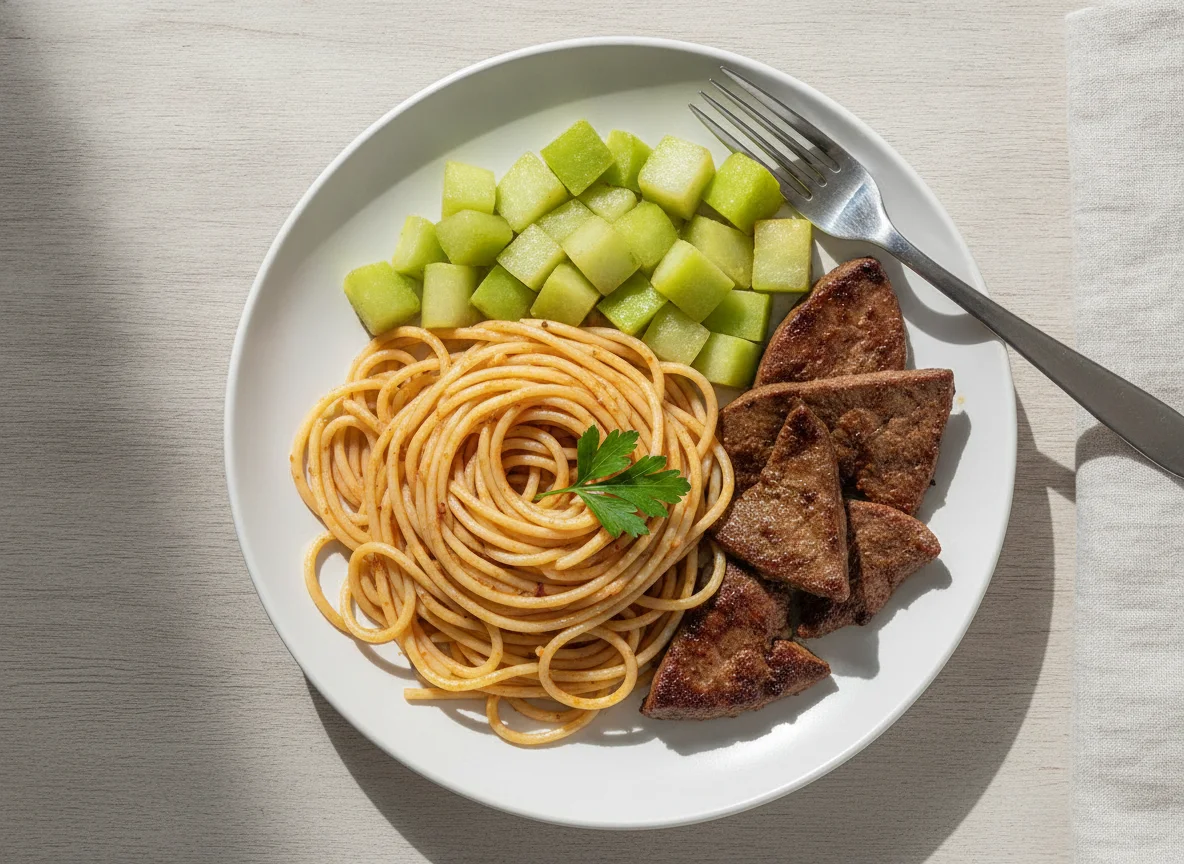 Prato com espaguete, carne e chuchu photo