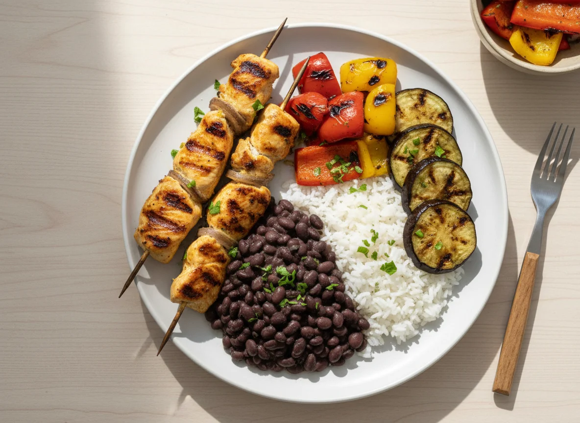 Prato com espetadas de frango, feijão preto, arroz e vegetais grelhados photo