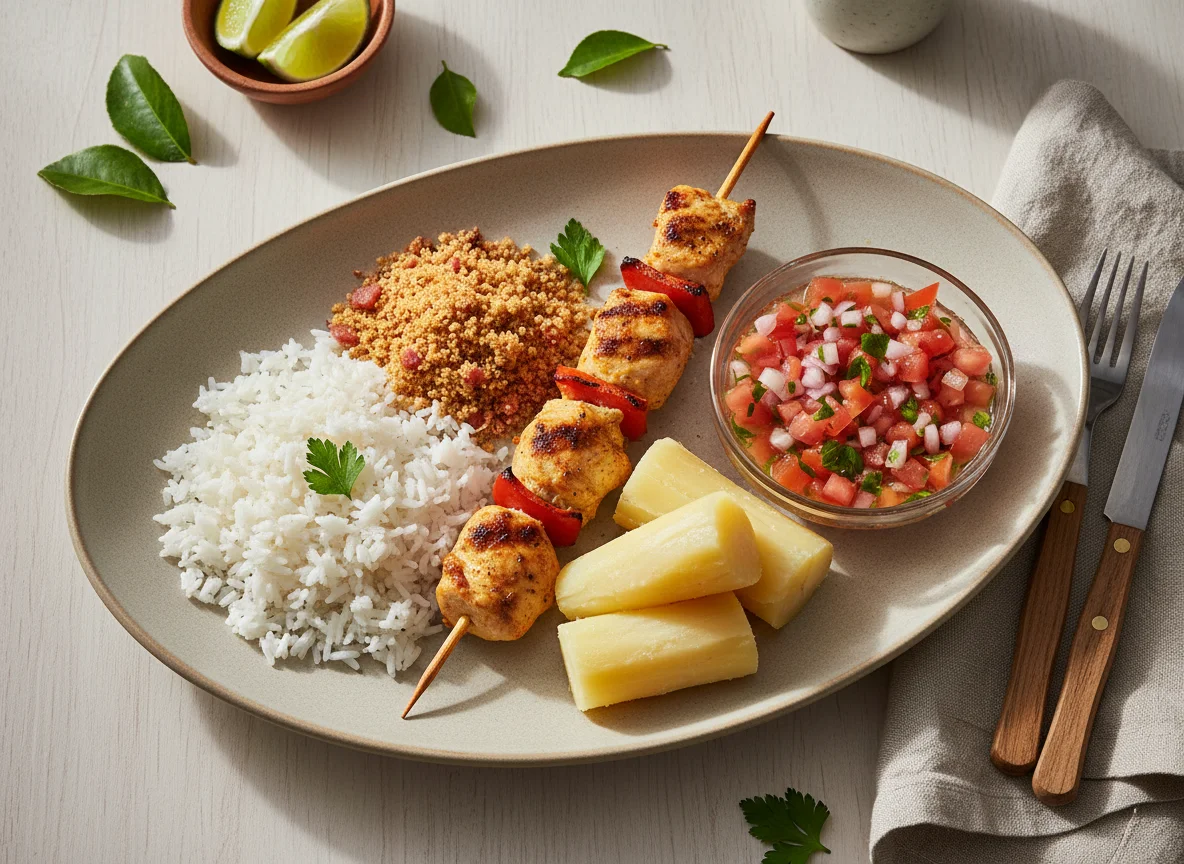 Prato com espetinho de frango, arroz, farofa, vinagrete e mandioca photo