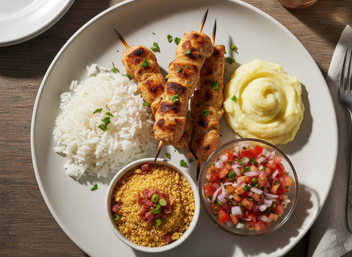 Prato com espetinhos e acompanhamentos photo