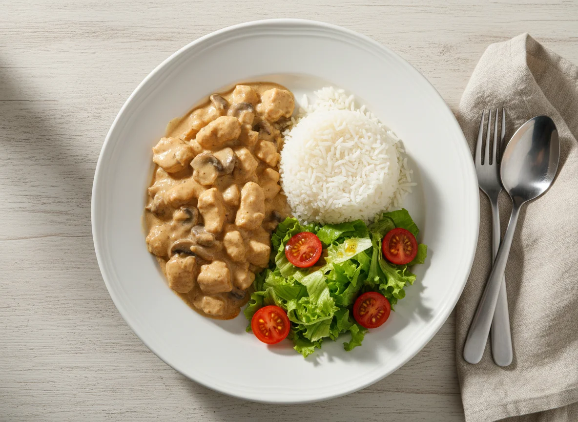 Prato com estrogonofe, arroz e salada photo