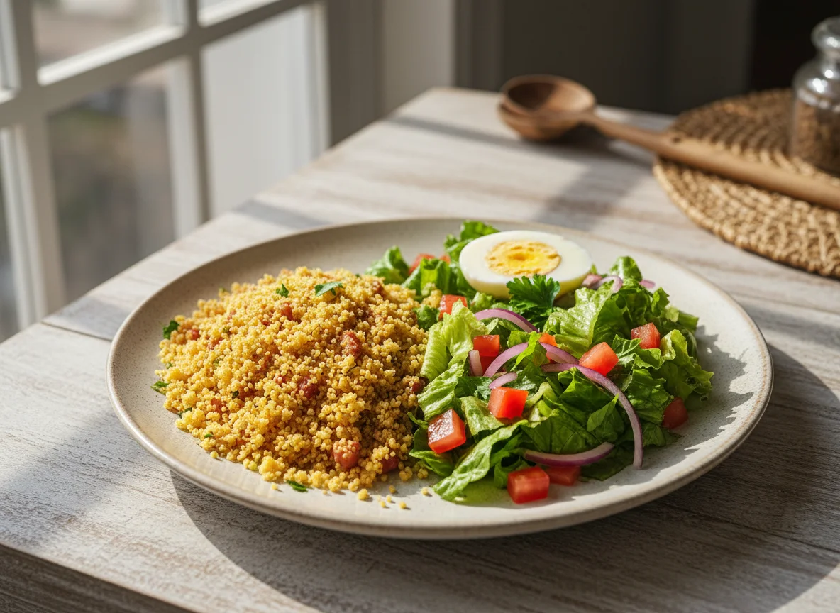 Prato com farofa, salada e ovo cozido photo