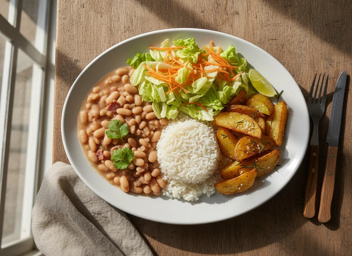 Prato com feijão, arroz, batata e salada photo