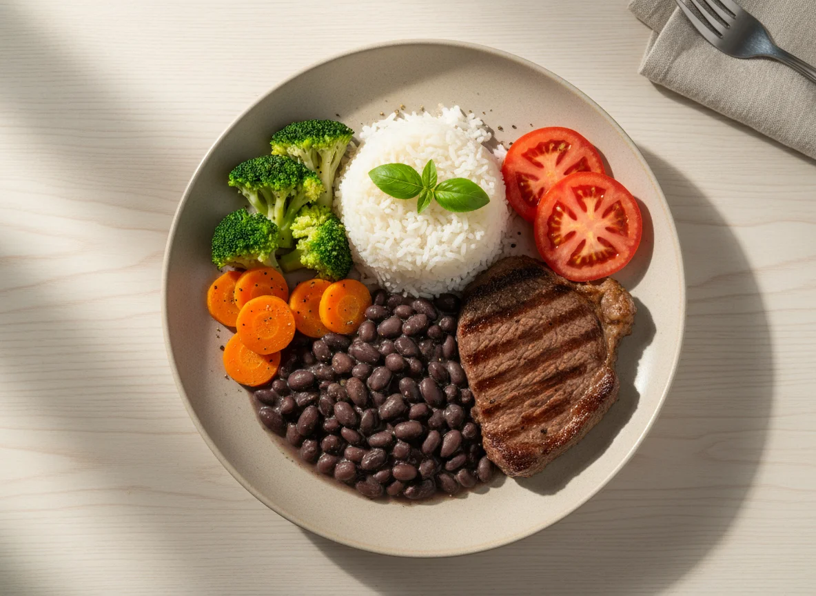 Prato com feijão, arroz, brócolis, cenoura e bife photo