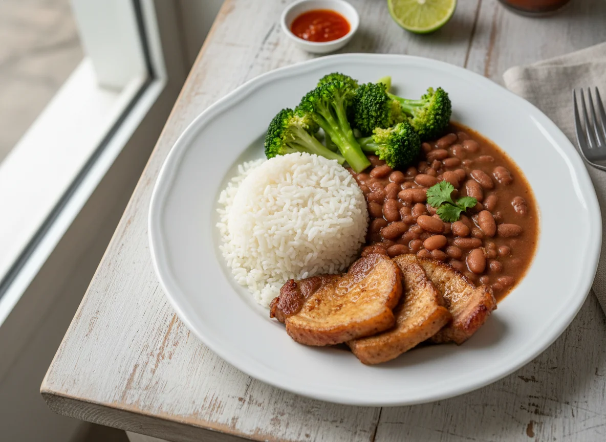 Prato com feijão, arroz, brócolis e carne de porco photo