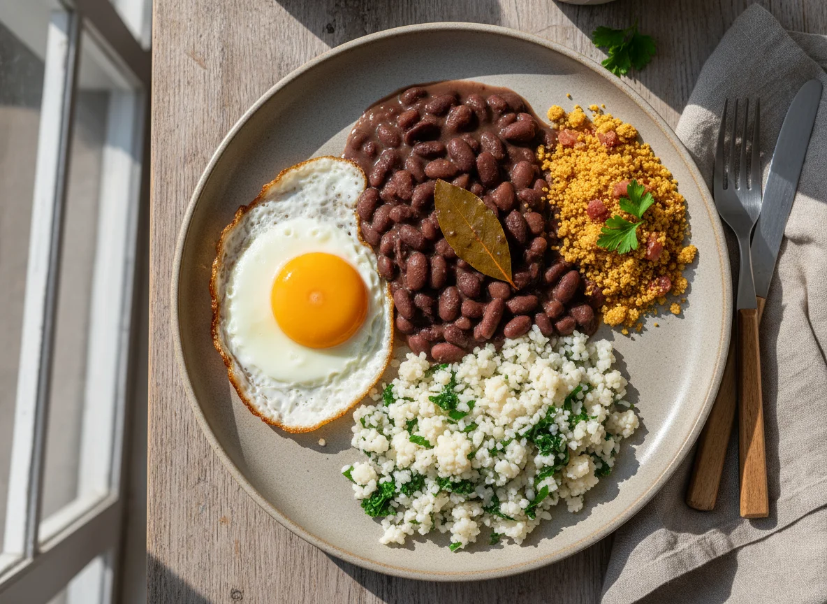 Prato com feijão, arroz de couve-flor e ovo frito photo