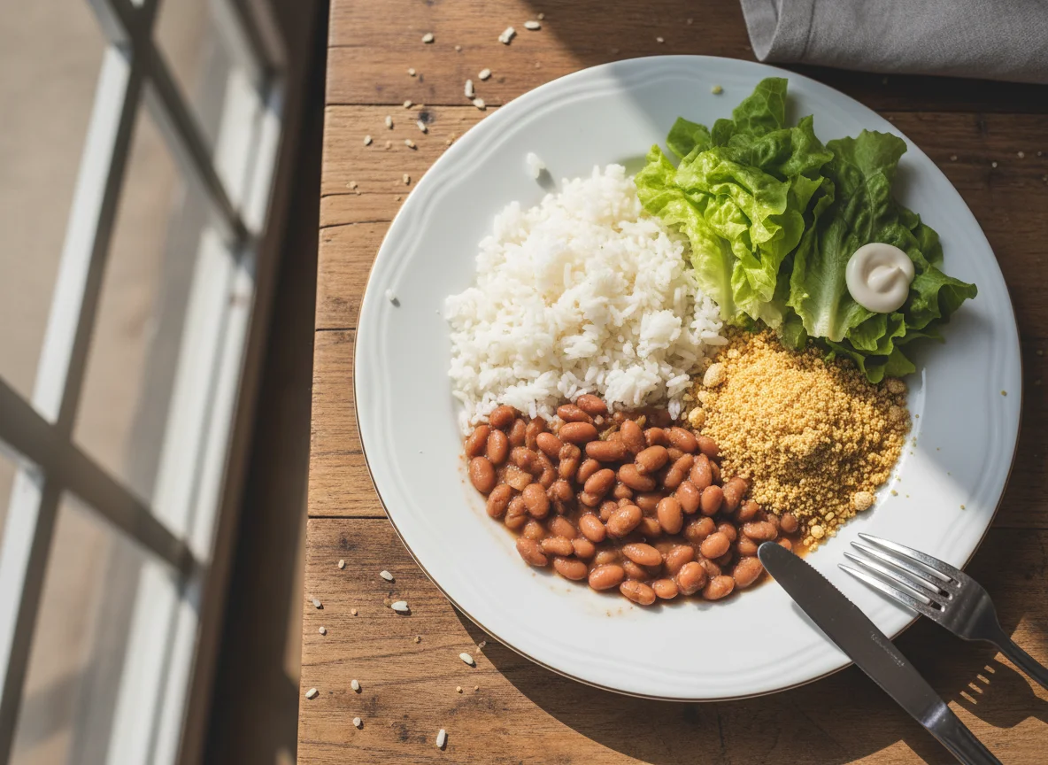 Prato com feijão, arroz, farofa e alface photo