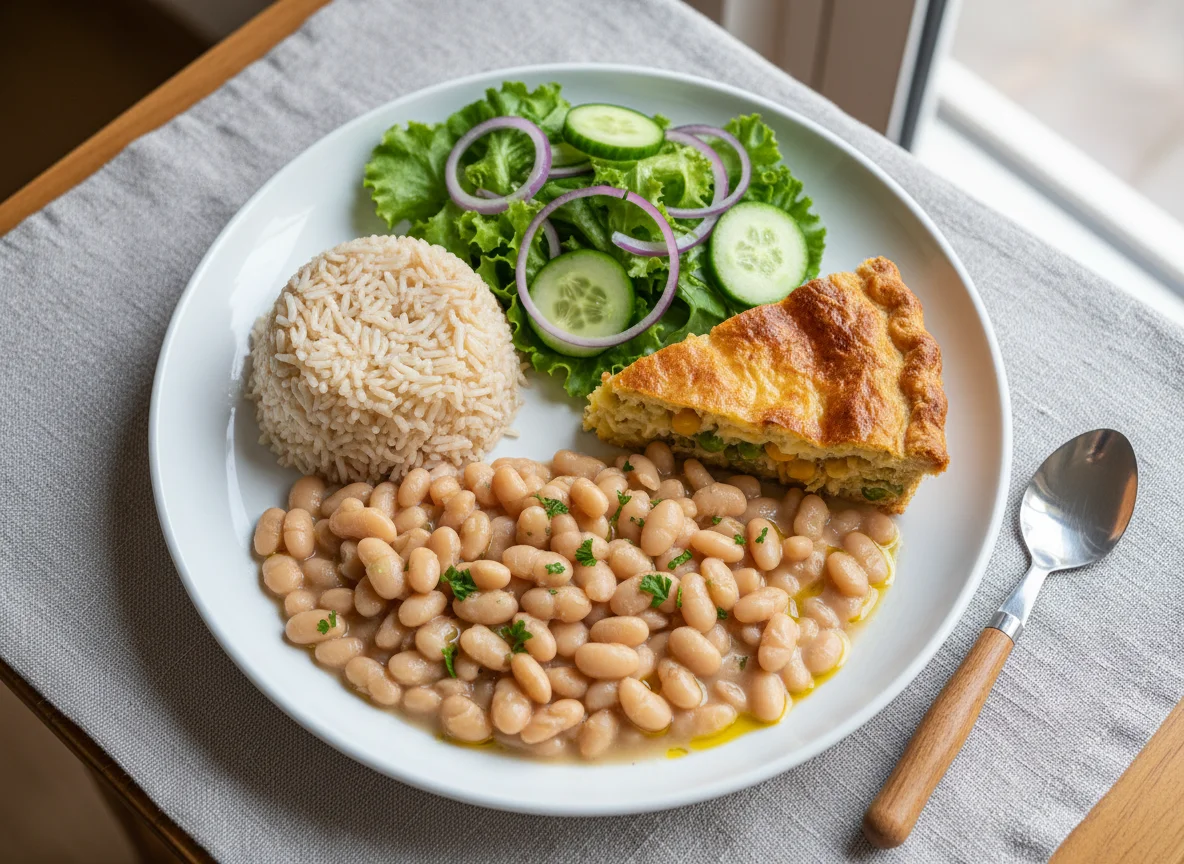 Prato com feijão, arroz integral, salada e torta salgada photo