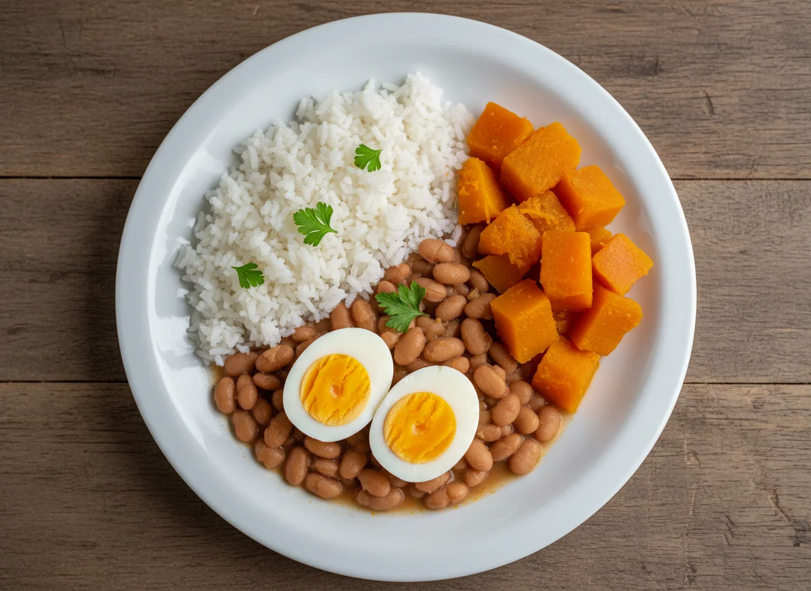 Prato com feijão, arroz, ovos e abóbora photo