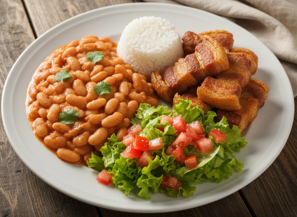 Prato com feijão, carne de porco frita e salada photo
