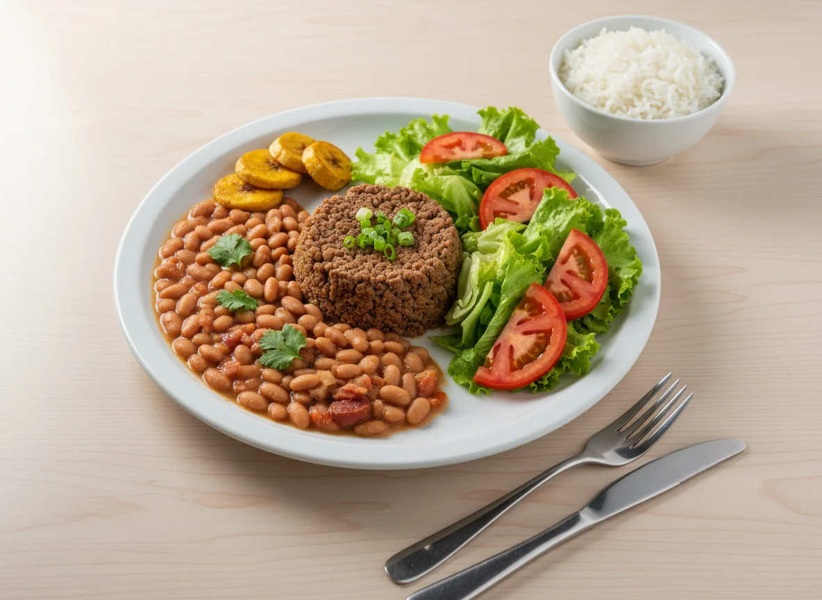 Prato com feijão, carne moída, alface e tomate photo
