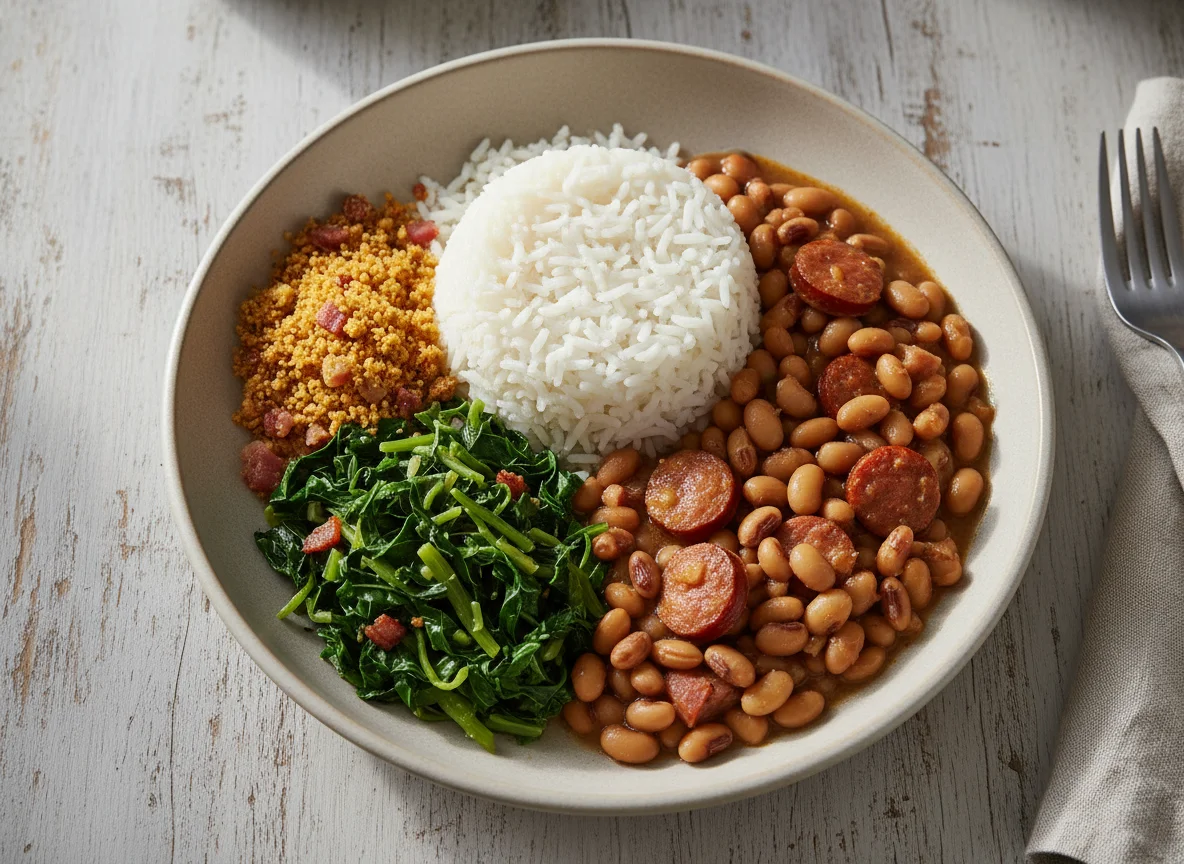 Prato com feijão fradinho, arroz e couve refogada photo