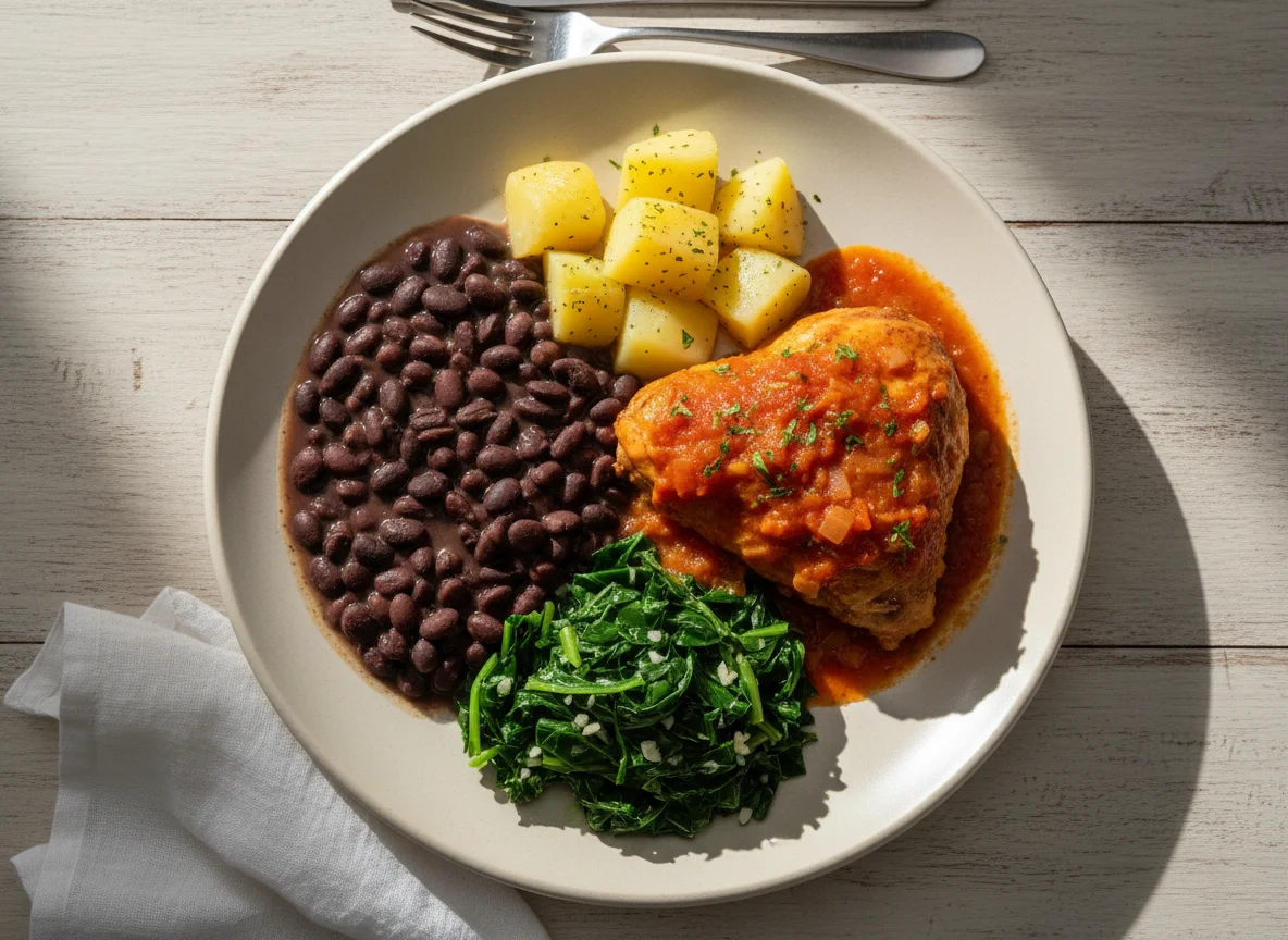 Prato com feijão, frango ao molho e legumes photo