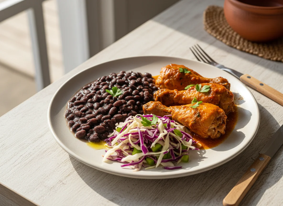 Prato com feijão, frango e salada de repolho photo