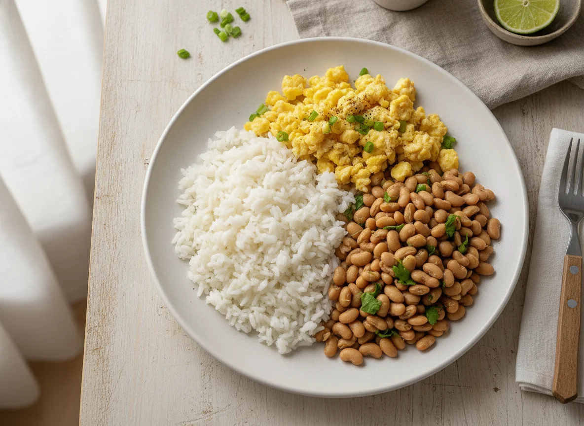 Prato com feijão-fradinho, arroz e ovos mexidos photo