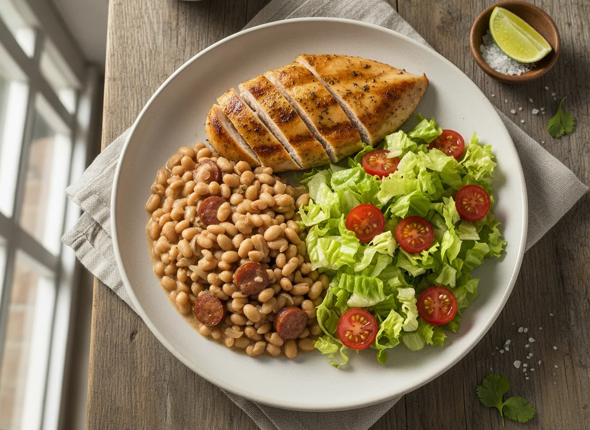 Prato com feijão-fradinho, salada e frango grelhado photo
